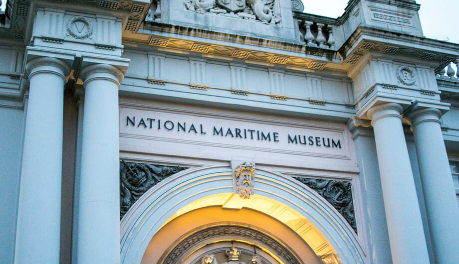 architectural columns and sign over front entrance of national maritime museum greenwich