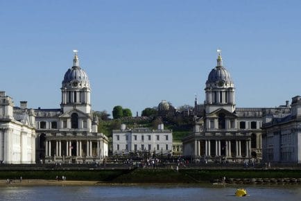 front view of the twin domes of the old royal naval college in greenwich england