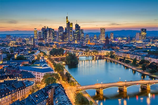 Twilight view of Frankfurt Germany over the river main marathon course