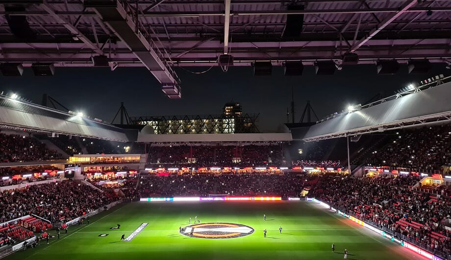 nightime view of the field at Philips Stadion, Eindhoven, Netherlands