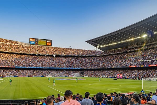 spectators cheer at a football match at barcelona camp nou