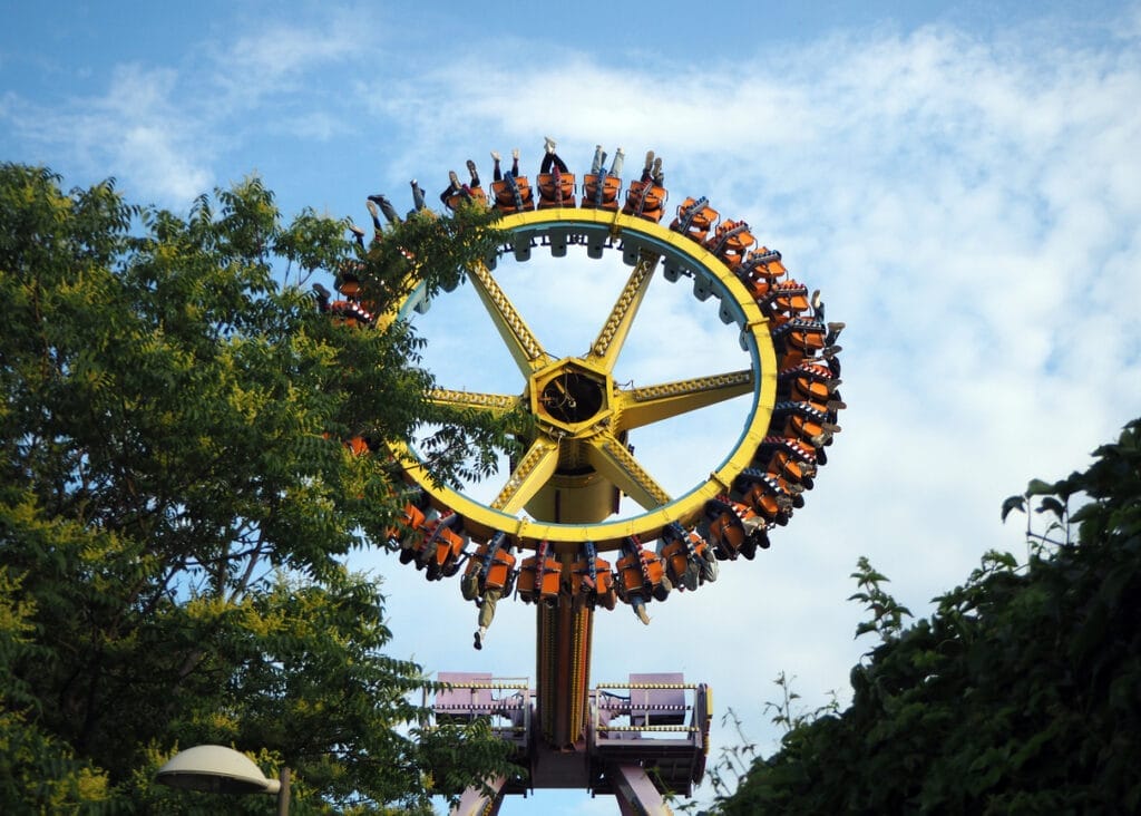 Having fun at the amusement park in Ankara. Outdoor entertainment with amusement rides. Spin and throw.