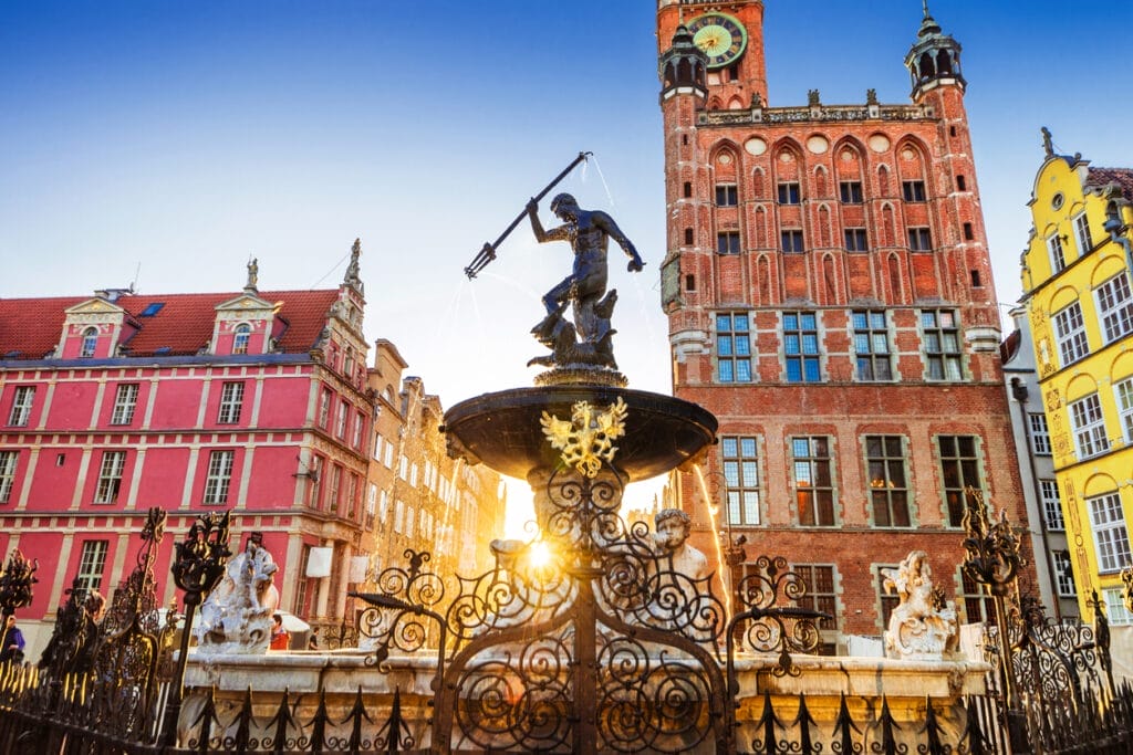 Beautiful fountain in the old center of Gdansk city, Poland