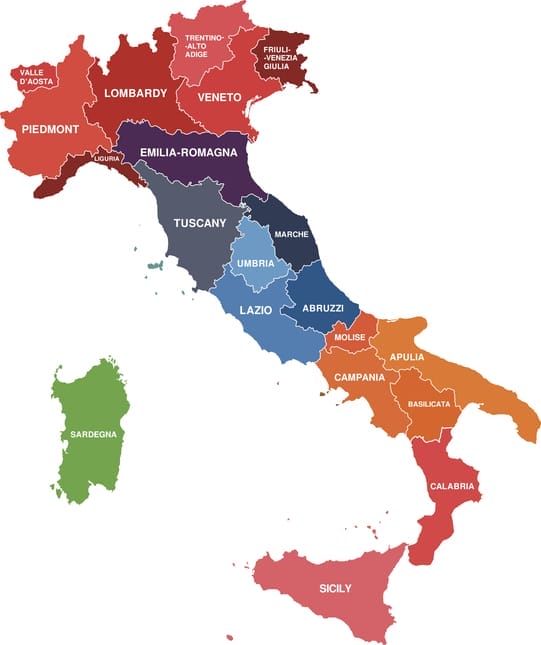 Map of Italy showing various regions highlighted in different colors.