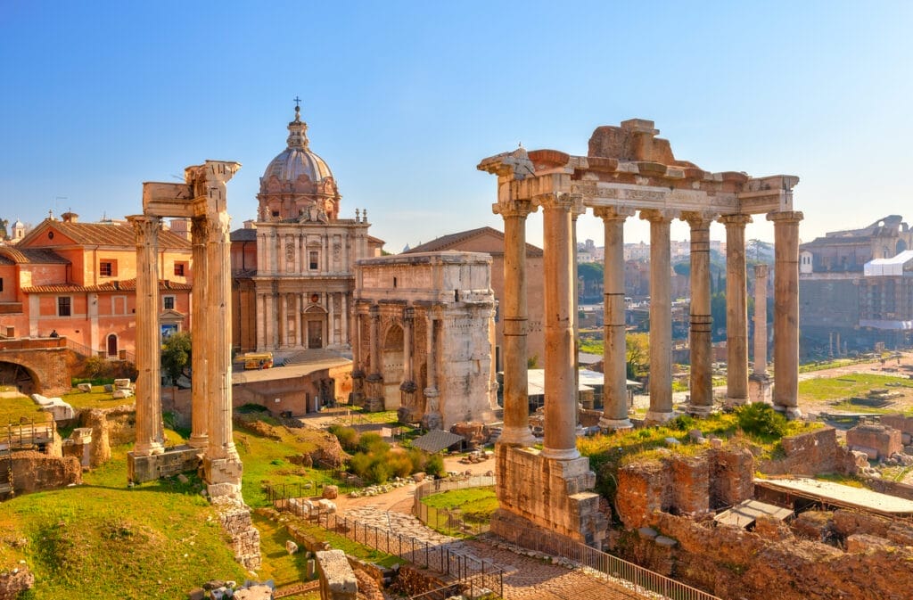 Roman Forum ruins in downtown Rome, Italy are a popular tourist attraction.