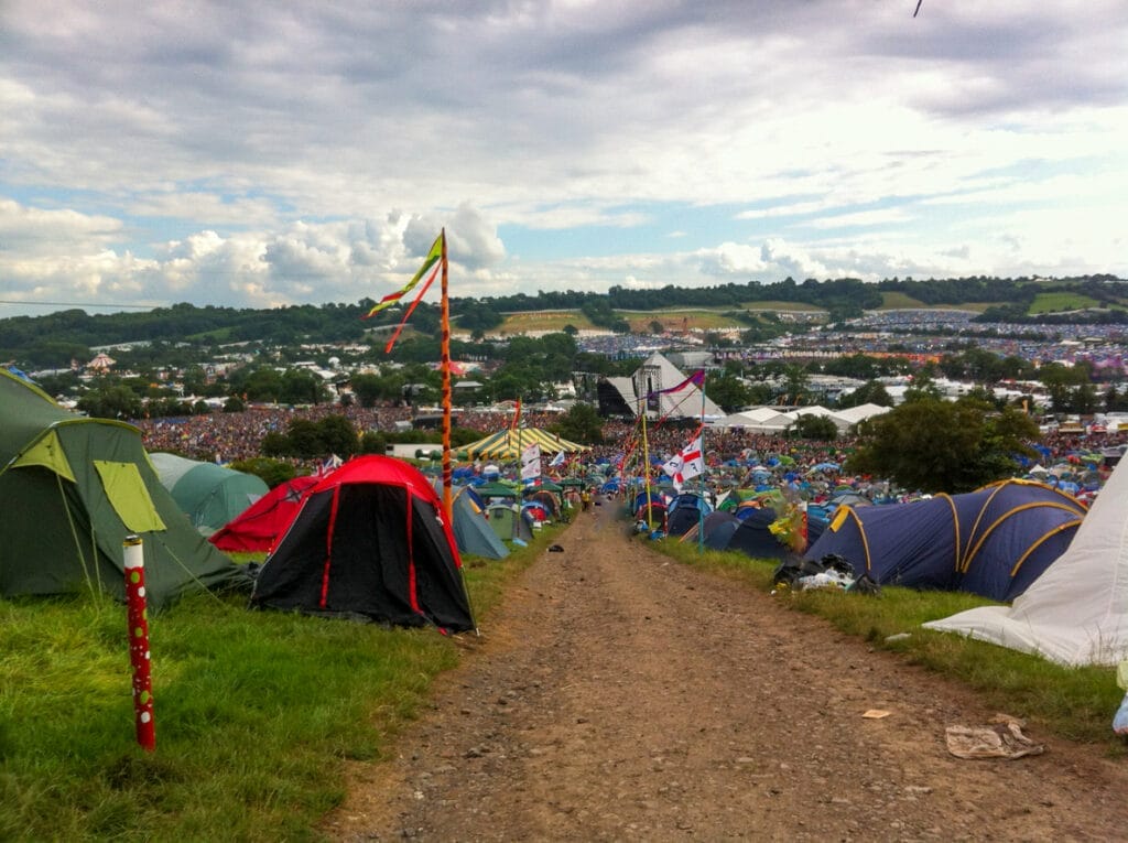 Glastonbury festival with rows of tents