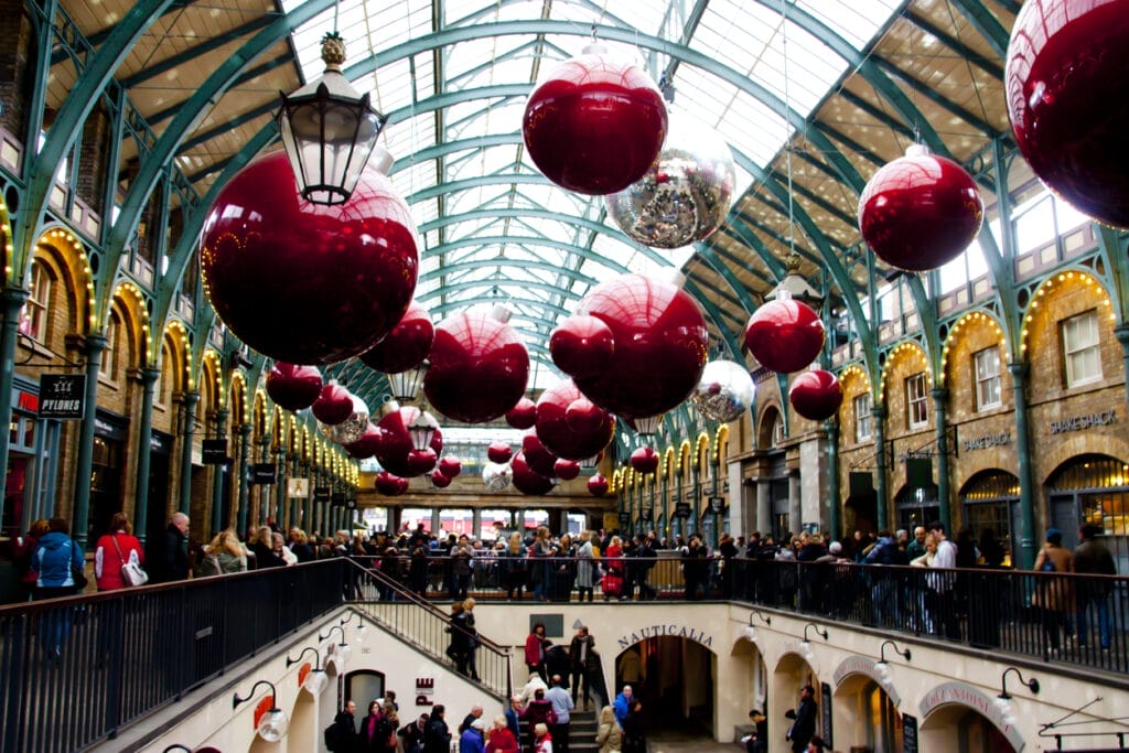 Interior of Covent Garden market decorated for Christmas holiday.