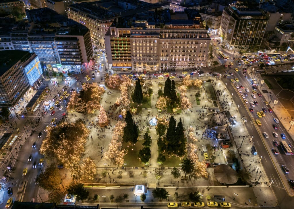 Aerial view of the festive decorated for Christmas during night time, Athens, Greece