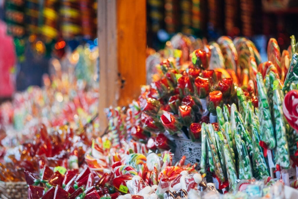 Stall with colorful and festive candies at the Christmas market in Copenhagen.