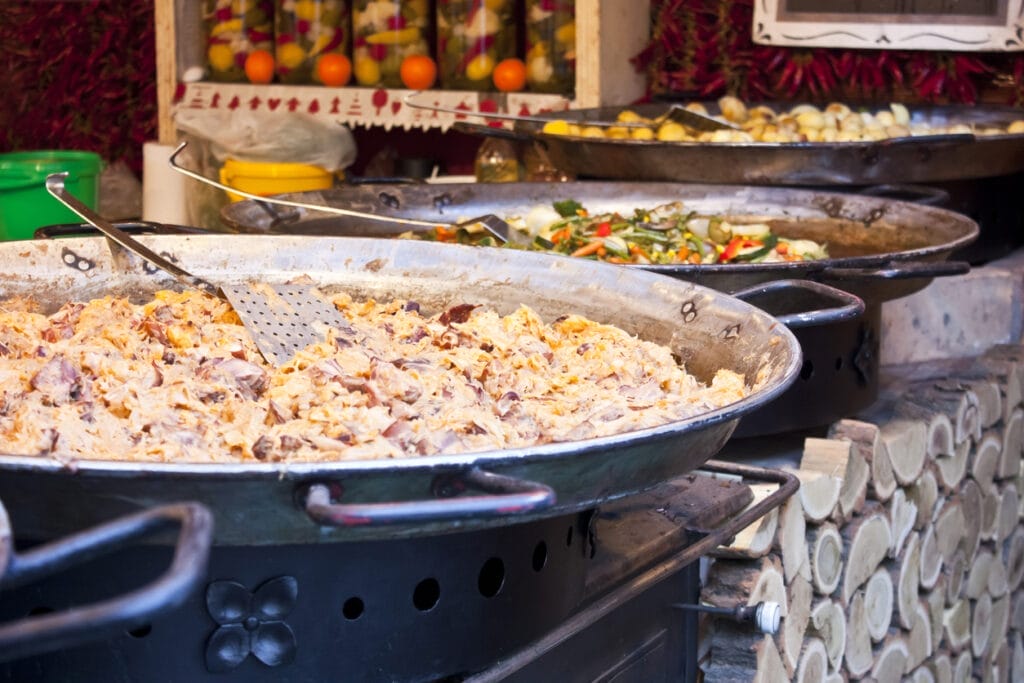 Hungarian foods at a christmas fair stand on Vorosmarty square in Budapest.