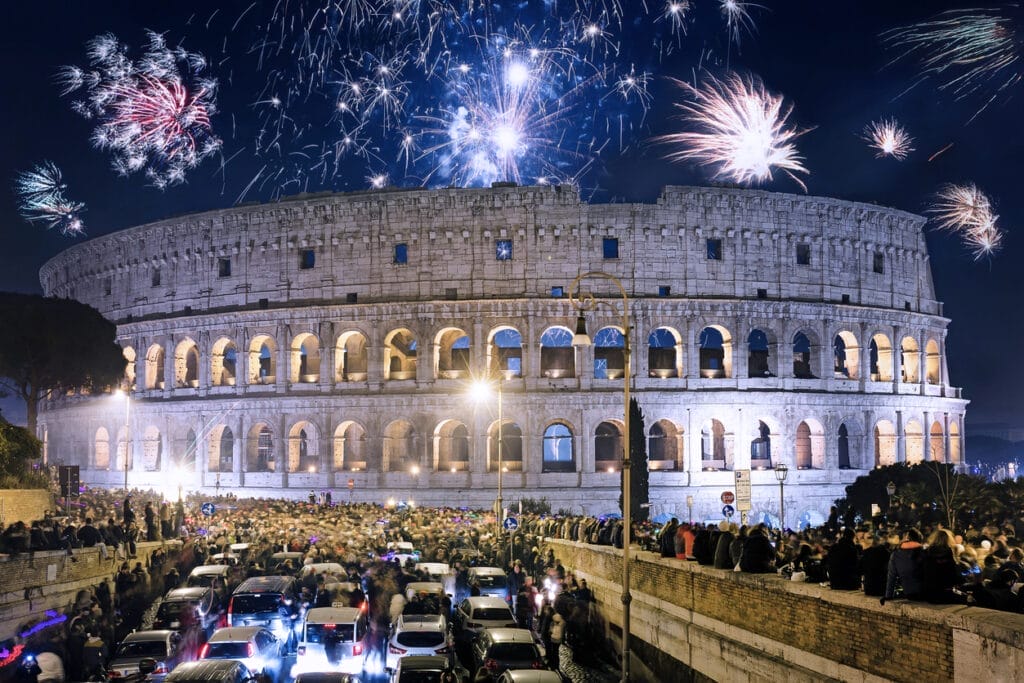 Firework display during a holiday festival celebration in Roma, Italy,