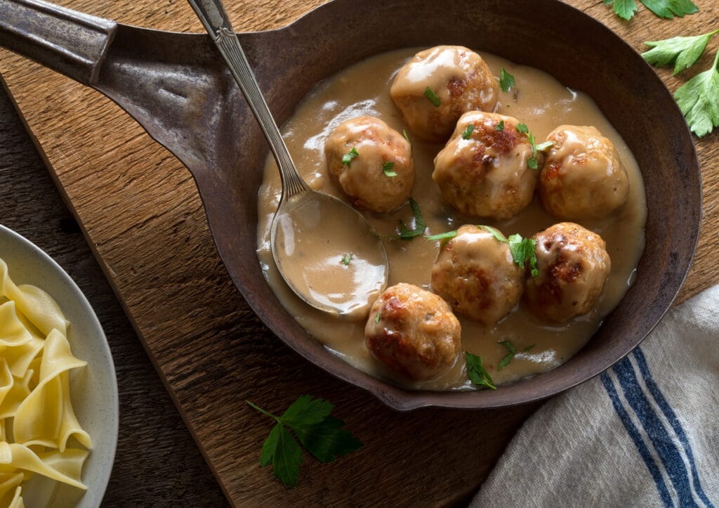 Delicious homemade swedish meatballs with mushroom cream sauce and egg noodle.