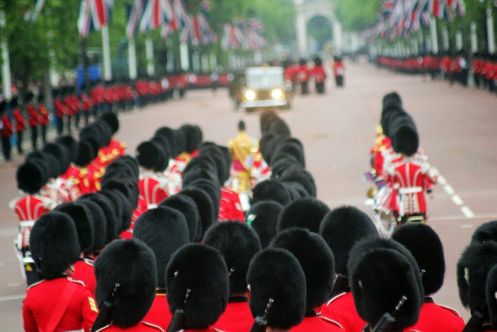 Guardsman marching down the Mall London England on The Queens Birthday Parade Trooping the Colour.